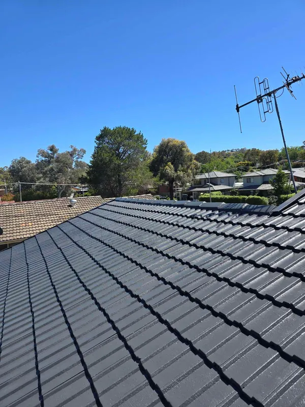 Restored concrete tile roof freshly painted in charcoal